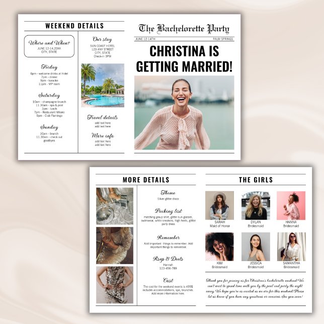 Tidningsdetaljer för Bachelorette Helg Itinerary Kort (newspaper bachelorette party invitation details weekend itinerary destination bach party)