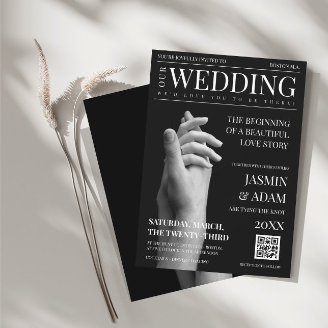 Tidningsfoto Bröllop i Mörk för svart magasin Inbjudningar (Magazine Black Dark Mode Newspaper Photo Wedding Invitation)