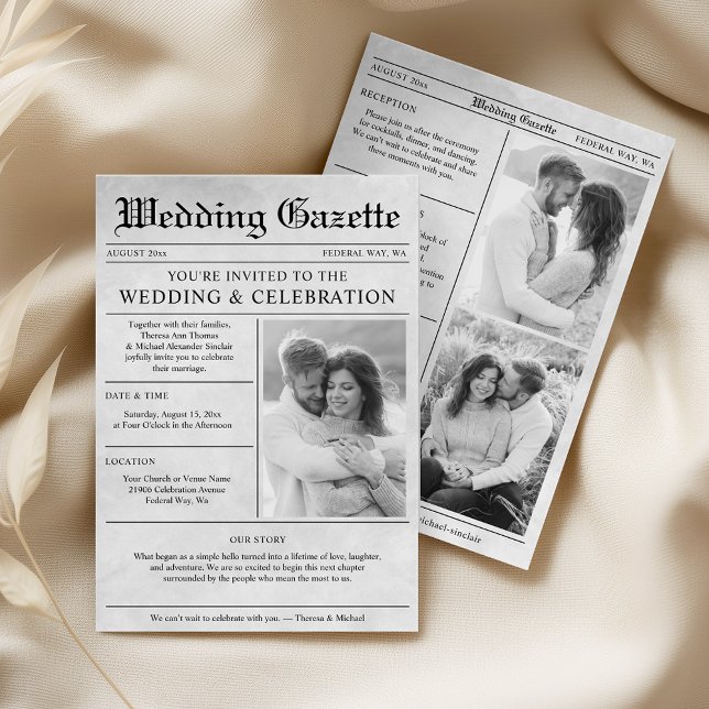 Tidningsfoto Elegant Allt-i-ett Bröllop Inbjudningar (Newspaper Photo Elegant All In One Wedding Invitation)