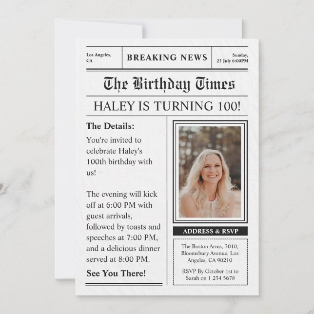 Tidningsfoto för 100:e Roligten på födelsedagen Inbjudningar (Framsida)