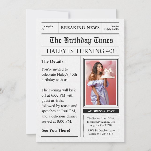 Tidningsfoto för 40:e födelsedagstidningen Funny M Inbjudningar (Framsida)