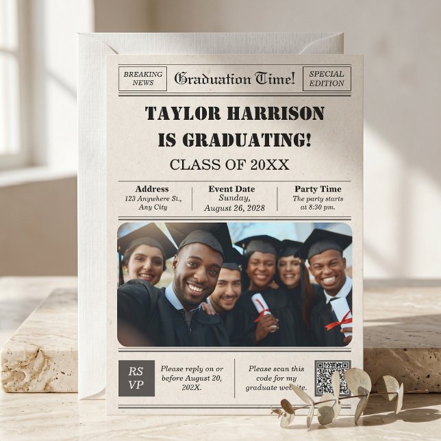 Tidningsframsida Klass 2026 Fet Svart & Vit Inbjudningar (Newspaper Front Page Class of 2026 Bold Black & White Senior Grad Invitation
)