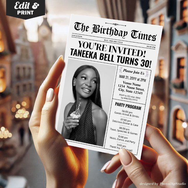 Tidningsinbjudan till 30års födelsedag med program (30th Birthday Newspaper Invitations with Program)