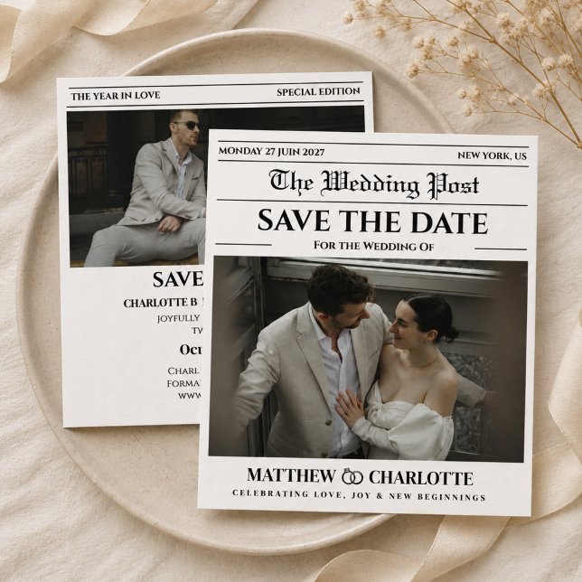 Tidningsinbjudan till bröllop Save the Date Spara Datumet (Skapare uppladdad)