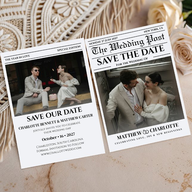 Tidningsinbjudan till bröllop Save the Date Spara Datumet (Save the Date Wedding Invitation)
