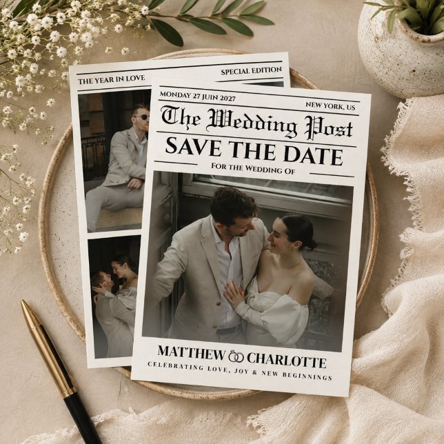 Tidningsinspirerad Bröllopskort Save the Date (newspaper wedding save the date cards black and white unique fun classic retro)