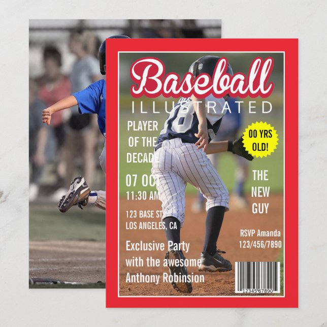 Tidningskändisbaseboll Födelsedagsfest Foto Inbjudningar (Fram/baksida)