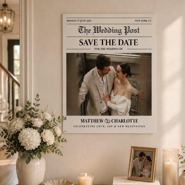 Tidningskorta Spara datum Bröllop Beige Kort Poster (Newspaper Save the Date Wedding Beige Card Poster)