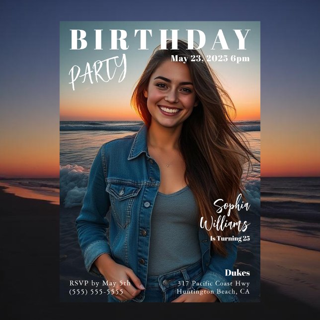 Tidningsomslag Strand Födelsedag Inbjudningar (Magazine Cover Beach Birthday Invitation)