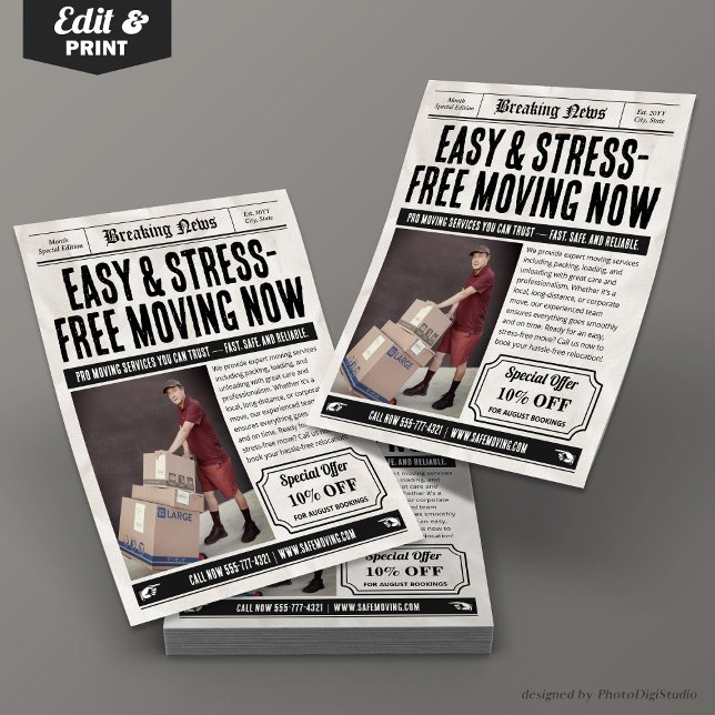 Tidningspapper, efterhandspackning och Flytta Reklamblad (Newspaper Flyer, Retro Packing & Moving Services Flyer)
