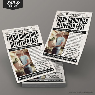 Tidningspapper Flyer, Retro Livsmedel Delivery Ser Reklamblad