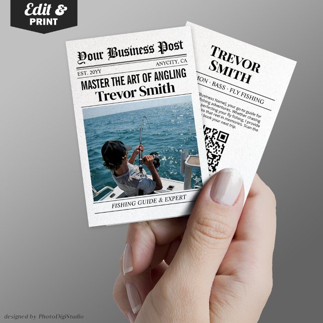 Tidningsrapport, Affärskort, fiskeredskap (Newspaper Business Card, Barber & Grooming Stylist Calling Card)
