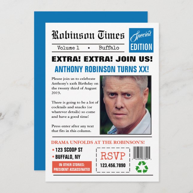 Tidningsrubrik för alla åldersrelaterade fotoinbju inbjudningar (Fram/baksida)