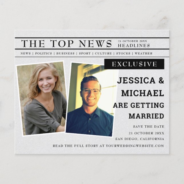 Tidningsrubrik för Roligt av budget - Spara datum (Framsida)