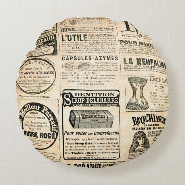 Tidningssida med annonsering - Vintage engrav Rund Kudde (Framsidan)