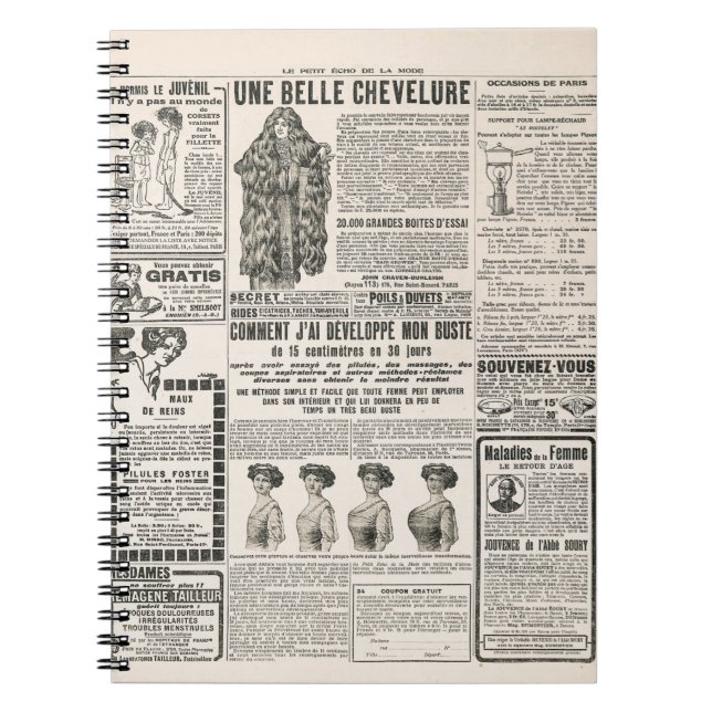 Tidningssida med antikisk reklam anteckningsbok (Framsidan)