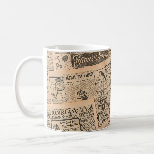 Tidningssidor med antika annonser. Vintage  Kaffemugg (Vänster)