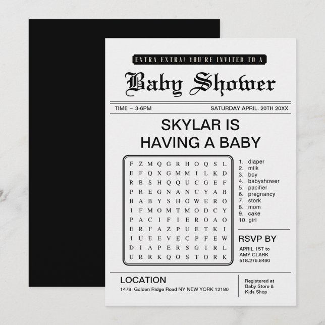 Tidningstema för babyskor i extra Extra Inbjudningar (Fram/baksida)