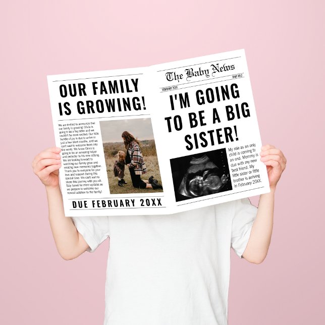 Tidningsunik storasyster graviditetsannonsering kort (big sister pregnancy announcement newspaper style template)