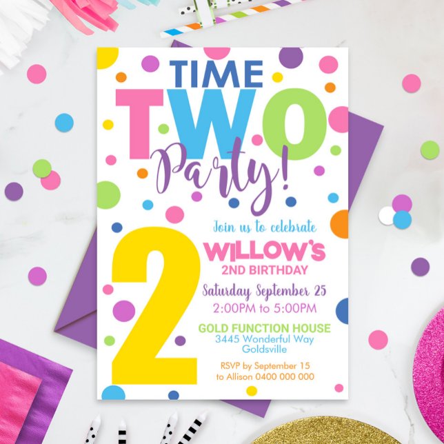 Tidpunkt 2:a födelsedag i Party Inbjudningar (Time Two Party Birthday Invitation - 2nd Birthday invitation Girl - Digital or Printed)