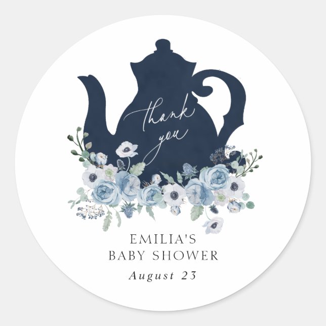 Tids för te Blå Baby Shower Tacksamtgåva Etiketter (Framsida)