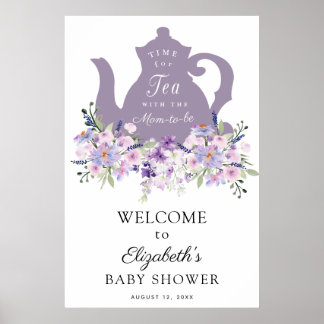 Tids för Tea Lila Baby Shower Välkomstskylt Poster
