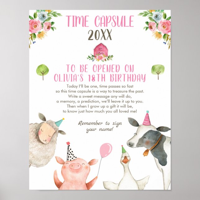 Tidskapkapsel Farm Birthday Girl Barn Guestbook Poster (Framsidan)