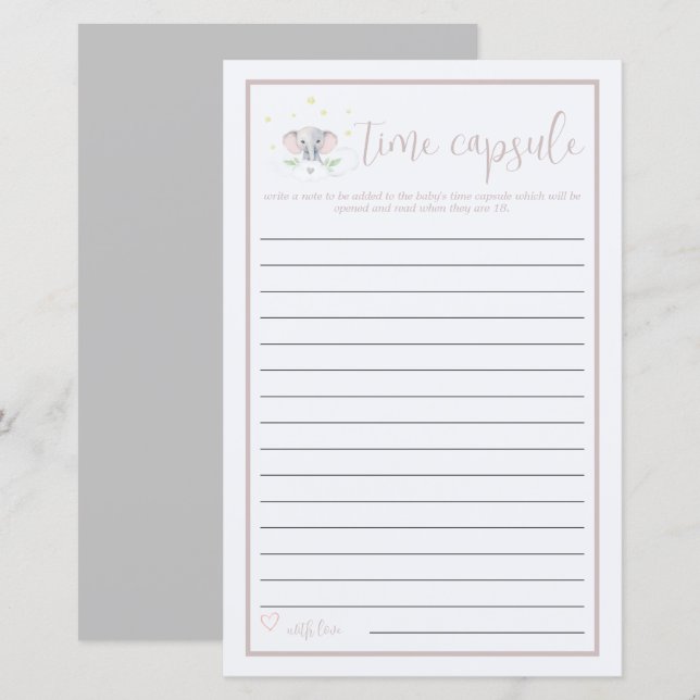 Tidskapsel Elephant Baby Shower-spel (Fram/baksida)