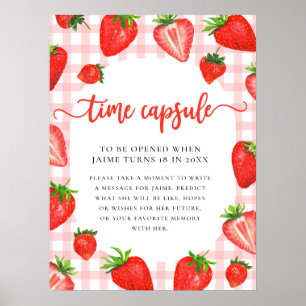 Tidskapsel Rosa Strawberry Gingham Birthday Poster