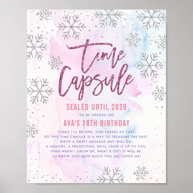 Tidskapsel Silver Snowflake Glitter Magenta Poster (Framsidan)
