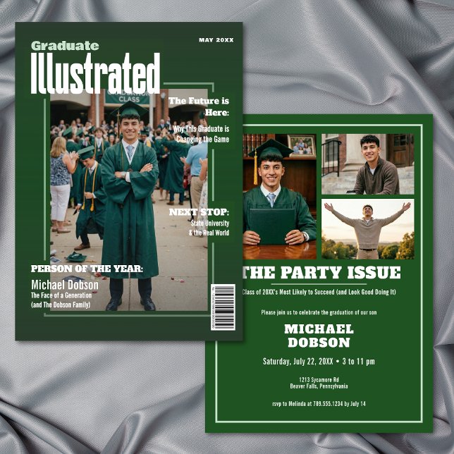 Tidskrift Fyra Foto Grön Examenfest Inbjudningar (Magazine Four Photo Green Graduation Party Invitation)