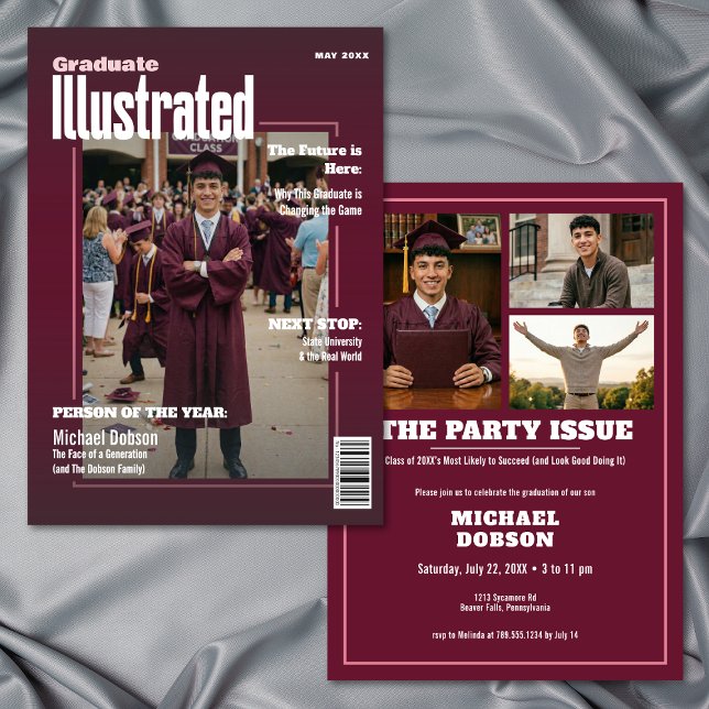 Tidskrift Fyra Foto Vinröd Studentfest Inbjudningar (Magazine Four Photo Maroon Graduation Party Invitation)