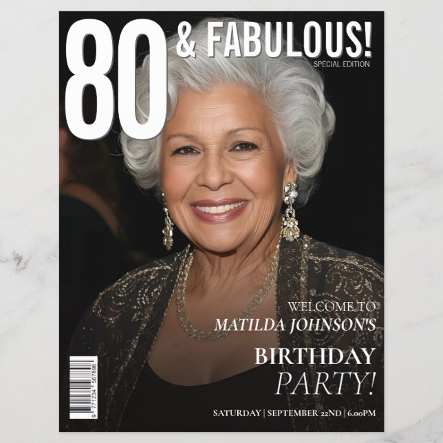 Tidskriftens framsida välkomstskylt för 80-årsfira reklamblad (Framsidan)