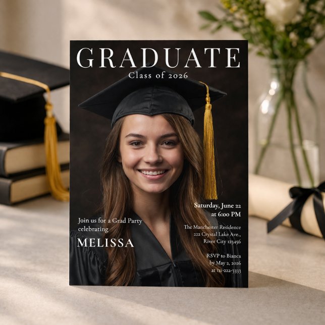 Tidskriftsfoto Grannskapsfest Inbjudan (Editable magazine style graduation invite with photo, clean modern layout)