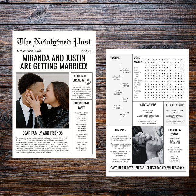 Tidslinje för bröllopsprogram i tidningsstil med f (Newspaper Wedding Program Photo Timeline Flyer)