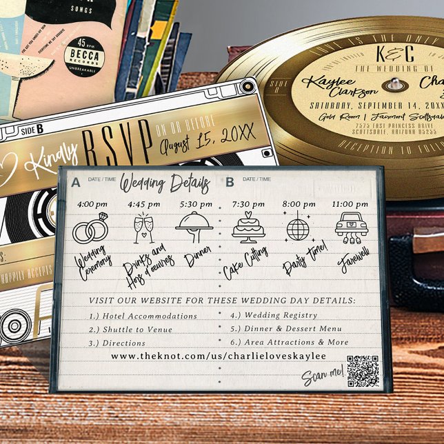 Tidslinje för information om Retro-kassettband Fod Tilläggskort (Retro Gold Vinyl Record Cassette Tape Case Wedding Invitation Details card, timeline infographic)