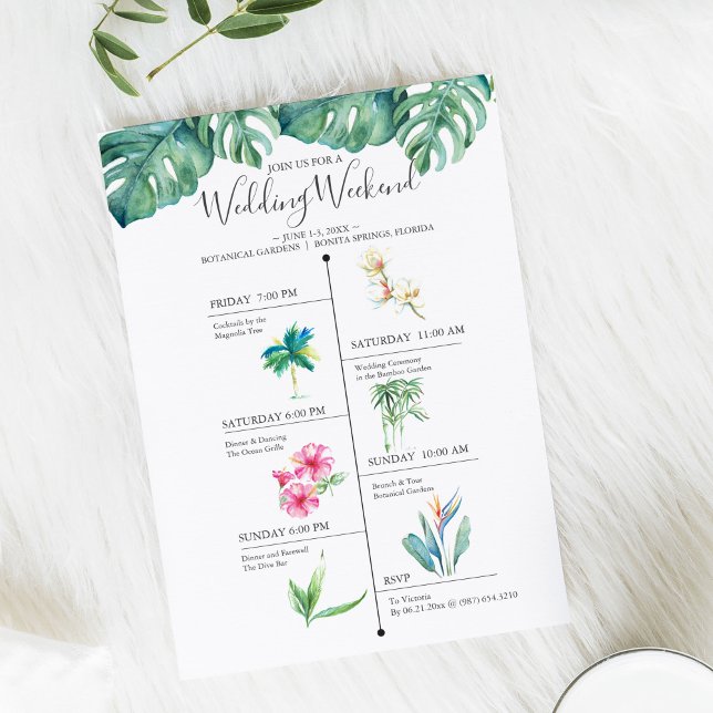 Tidslinje för målbröllop Helg (Timeline destination wedding invitations feature tropical watercolor art by Victoria Grigaliunas )