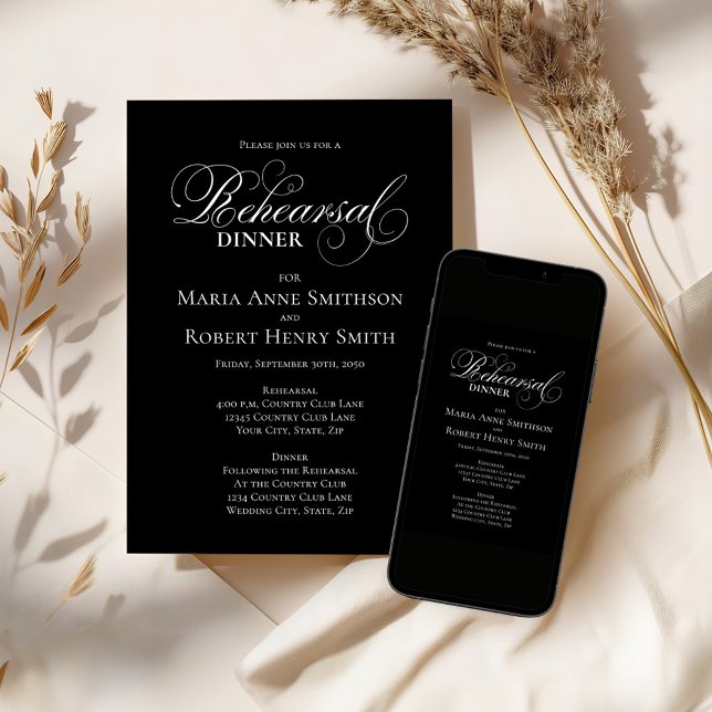 Tidslinje för svartvitt - repetitionsdatum inbjudningar (Black and white wedding rehearsal dinner invitation template. )