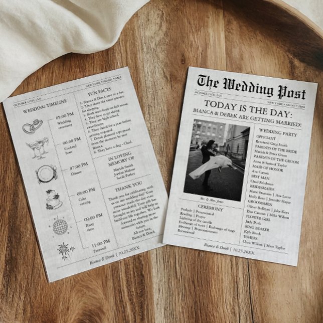 Tidslinje för tidningsfoto och bröllopsprogram inbjudningar (Newspaper Wedding Invitation with Timeline, Wedding Party)