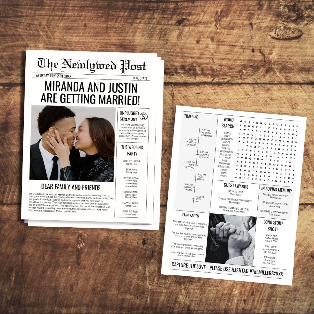 Tidslinje för tidslinje - Bröllopsprogrammet Stil Reklamblad (Elegant Timeline Newspaper-Style Wedding Program Flyer)