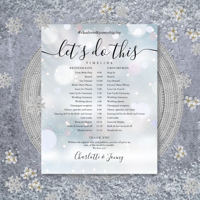 Tidslinje för tidslinje för tidslinjen Bröllop för (Winter Elegant Script Wedding Schedule Timeline)