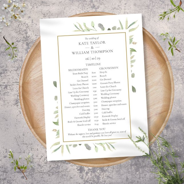 Tidslinje för tidslinje för tidslinjen för tidslin program (Watercolor Greenery Wedding Schedule Timeline Program)