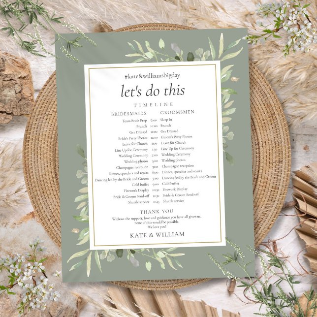 Tidslinje för tidslinjen Sage Greenery Foliage Brö (Sage Greenery Foliage Wedding Schedule Timeline)