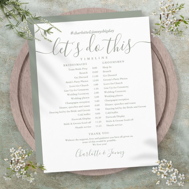 Tidslinje för tidslinjen Sage Grönt Script Bröllop (Sage Green Script Wedding Schedule Timeline)