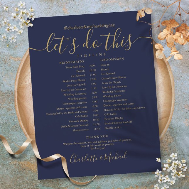 Tidslinje för tidtabell för tidsplanen elegant Nav (Elegant Navy Blue Gold Wedding Schedule Timeline)
