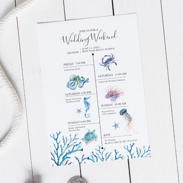 Tidslinje för Watercolor Beach Wedand Helg (Wedding weekend illustrated itinerary invitation watercolor ocean creatures Victoria Grigaliunas )