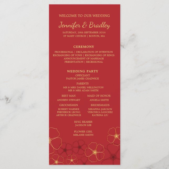 Tidslinjen Red Guld Cherry Blommar Bröllop Program (Framsida)