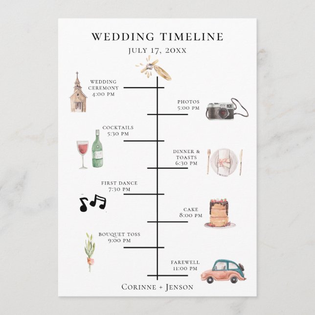 Tidslinjen Rustik Watercolor Bröllop Program (Framsida)