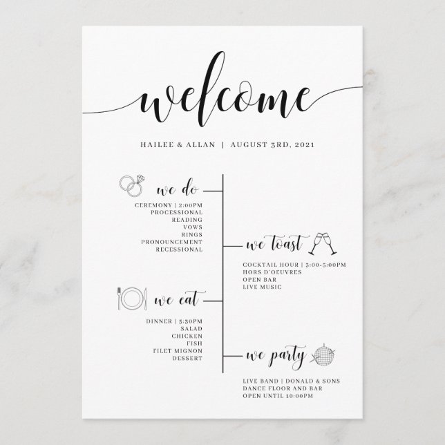 Tidslinjeprogram för bröllop med ikoner program (Framsida)