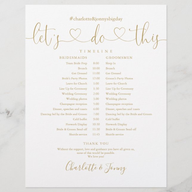 Tidsschema för bröllop med Golden Heart Script (Framsida)